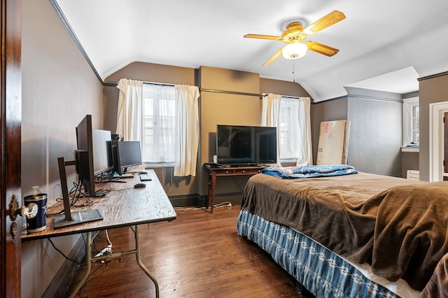 bedroom featuring dark wood-type flooring, ceiling fan, and lofted ceiling