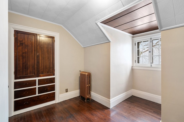 bonus room featuring dark hardwood / wood-style flooring, radiator heating unit, and lofted ceiling