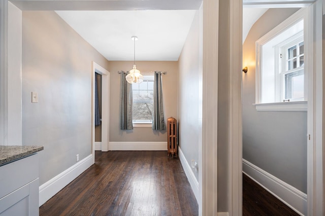 unfurnished dining area with radiator heating unit and dark hardwood / wood-style flooring