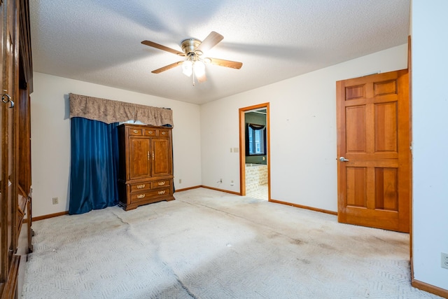 bedroom with light carpet, a textured ceiling, and ceiling fan