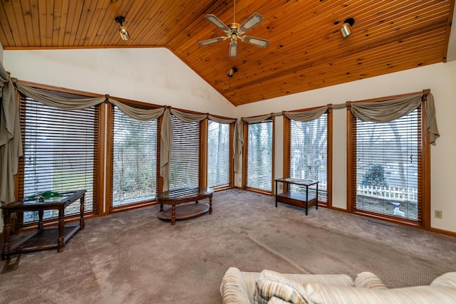 living room featuring carpet, wooden ceiling, and a wealth of natural light