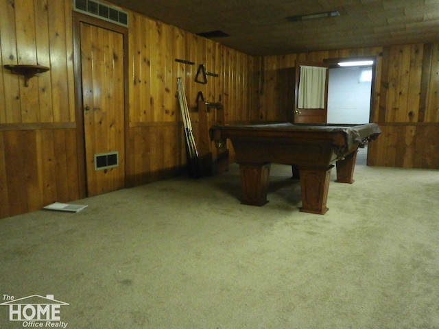 game room with carpet flooring, wood walls, and pool table