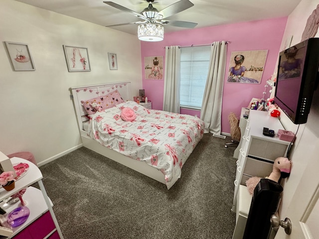 bedroom with dark colored carpet and ceiling fan