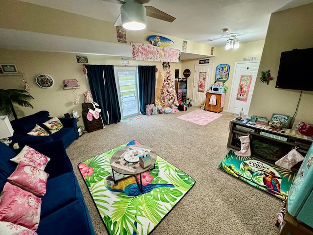 rec room with carpet and ceiling fan