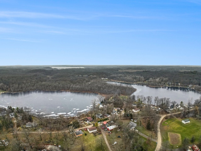 bird's eye view with a water view