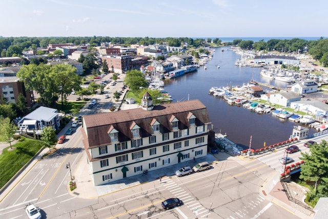 bird's eye view with a water view