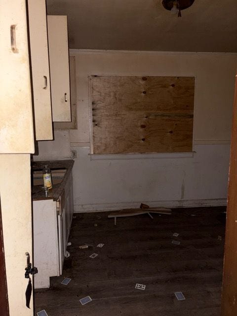 kitchen with white cabinets and dark wood-type flooring