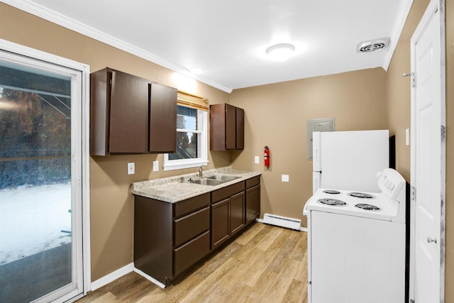 kitchen featuring dark brown cabinets, white appliances, baseboard heating, sink, and light hardwood / wood-style floors