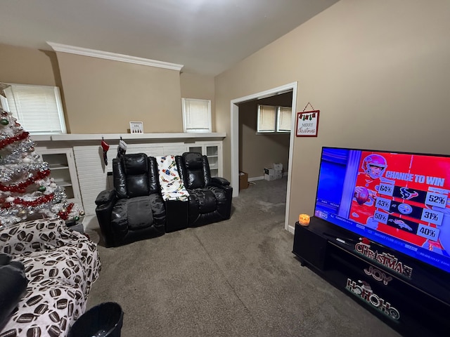 living room with carpet and crown molding