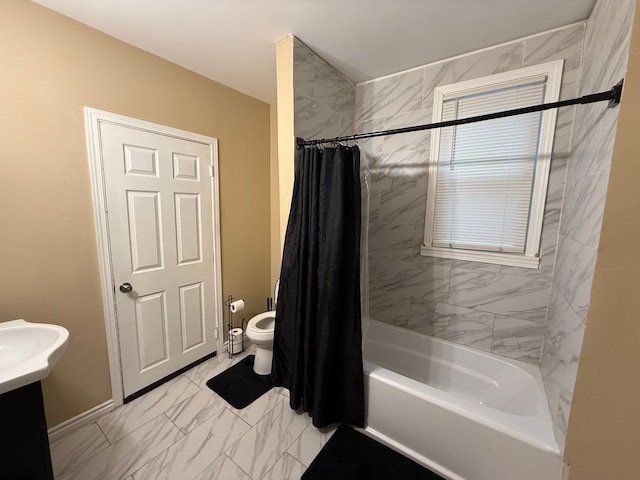 full bathroom with toilet, vanity, and shower / tub combo with curtain