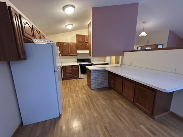 832 E Park Dr, Niles, MI 49120 - kitchen featuring white appliances, a peninsula, ventilation hood, light wood finished floors, and vaulted ceiling