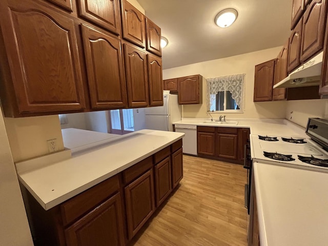 832 E Park Dr, Niles, MI 49120 - kitchen featuring white appliances, under cabinet range hood, light wood finished floors, and light countertops