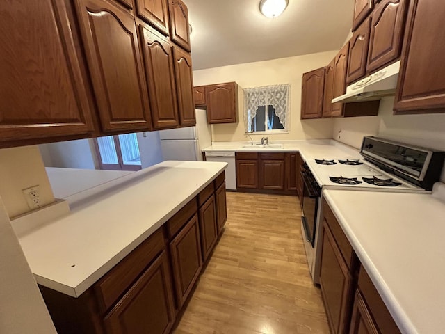 832 E Park Dr, Niles, MI 49120 - kitchen with under cabinet range hood, white appliances, light wood-style floors, and light countertops