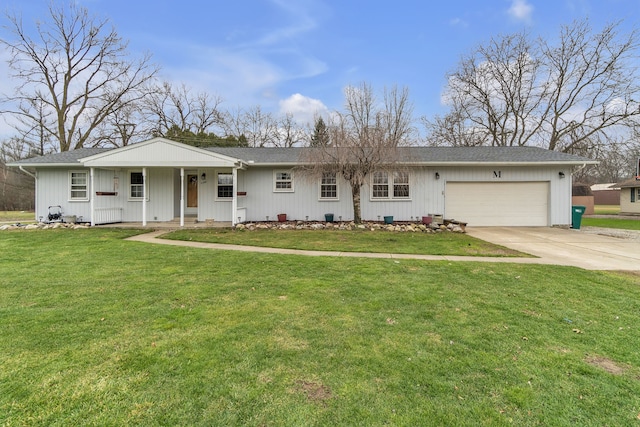 ranch-style house featuring a porch, a front yard, and a garage