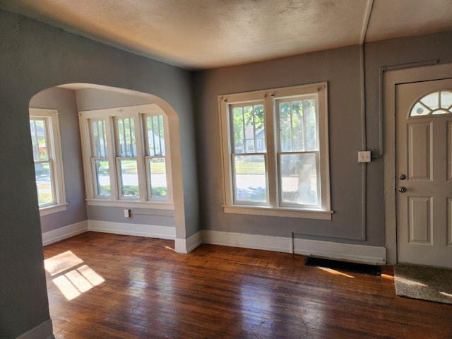 foyer entrance with a wealth of natural light, dark hardwood / wood-style flooring, and a textured ceiling