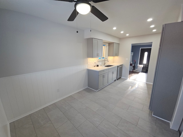 bathroom featuring backsplash, ceiling fan, tile patterned flooring, and vanity