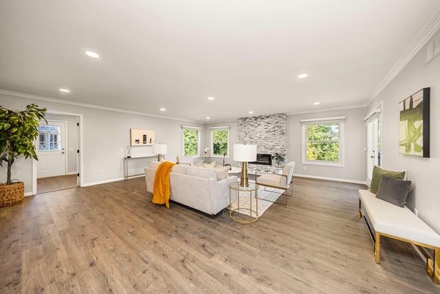 living room featuring a fireplace, light hardwood / wood-style floors, and ornamental molding