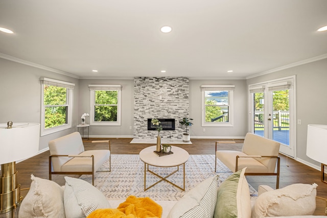 living room with a stone fireplace, crown molding, french doors, and dark hardwood / wood-style floors