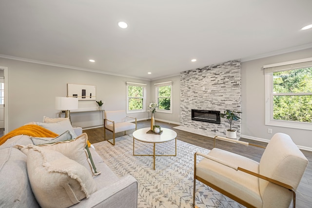 living room featuring a fireplace, hardwood / wood-style floors, plenty of natural light, and ornamental molding