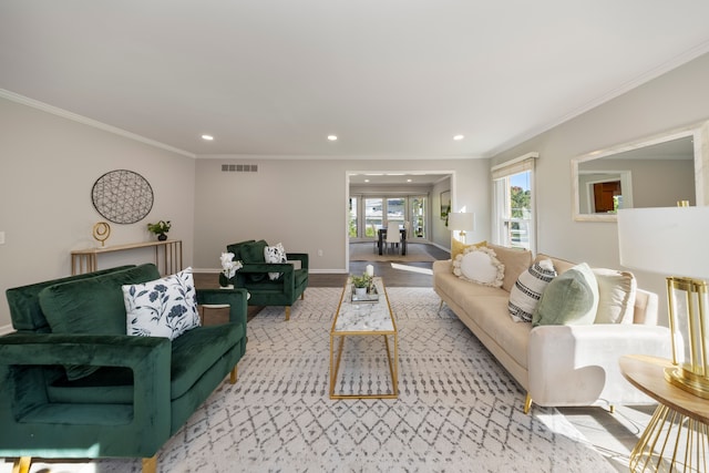 living room featuring ornamental molding