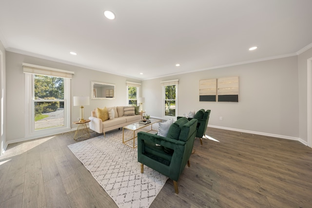 living room with plenty of natural light, dark hardwood / wood-style flooring, and crown molding