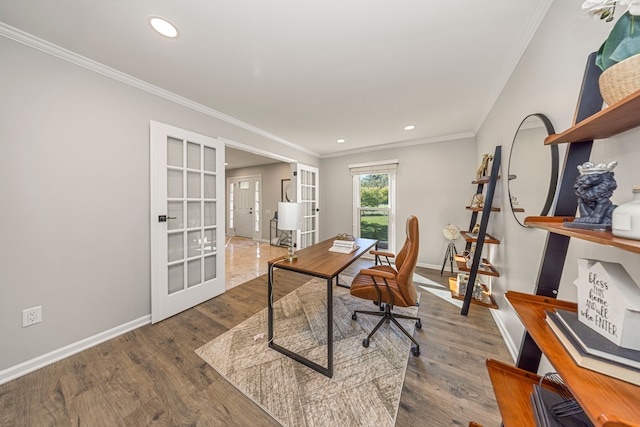 office space with french doors, hardwood / wood-style floors, and ornamental molding