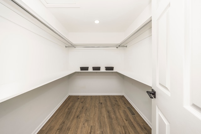 spacious closet featuring dark hardwood / wood-style flooring