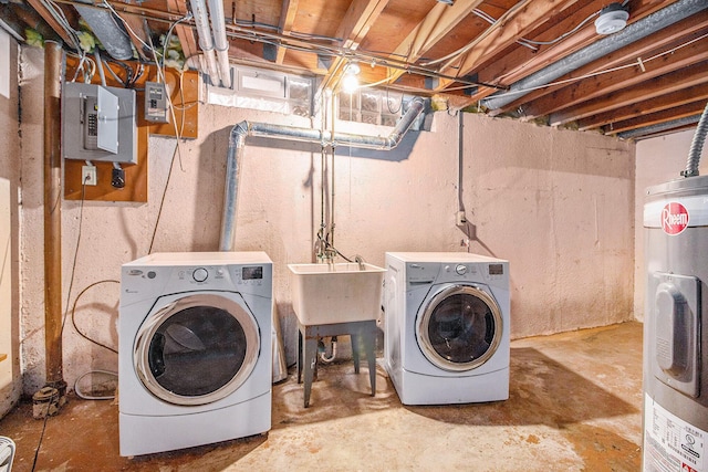 clothes washing area with washing machine and dryer, electric water heater, electric panel, and sink