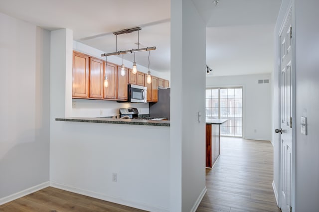 kitchen featuring pendant lighting, light wood-type flooring, kitchen peninsula, and appliances with stainless steel finishes