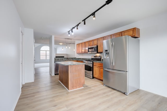 kitchen featuring a kitchen island, light hardwood / wood-style floors, hanging light fixtures, and appliances with stainless steel finishes