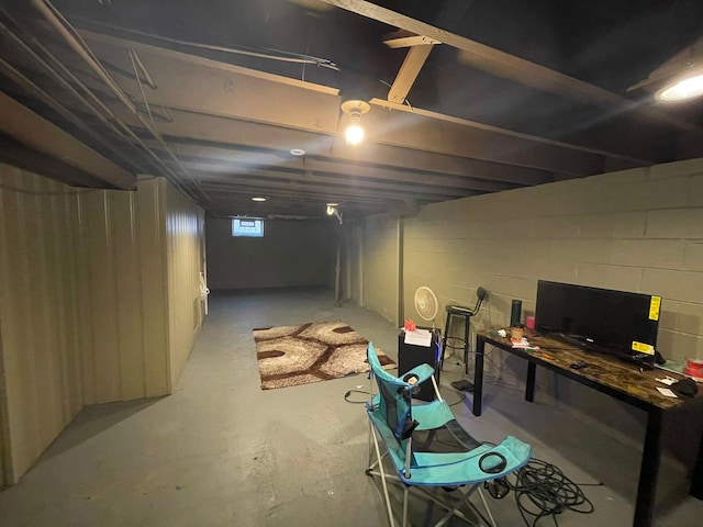 basement with a workshop area