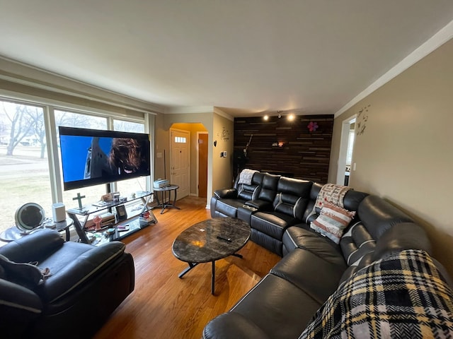 living room featuring light wood-type flooring and ornamental molding