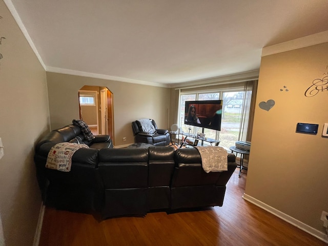 living room featuring crown molding and hardwood / wood-style floors