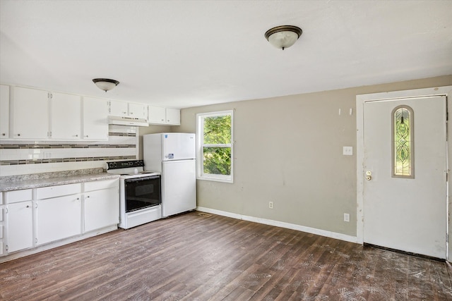 kitchen with backsplash, dark hardwood / wood-style flooring, white cabinets, and white appliances