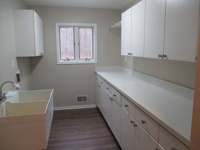 laundry area featuring washer hookup, dark hardwood / wood-style flooring, cabinets, and sink