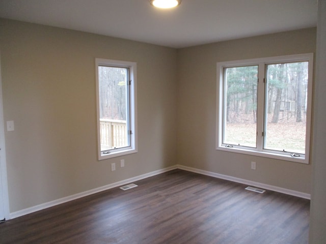 spare room featuring a healthy amount of sunlight and dark hardwood / wood-style floors