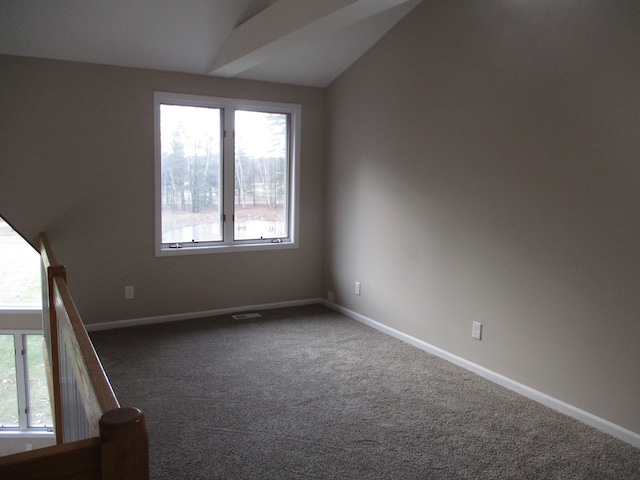 unfurnished room featuring dark carpet and lofted ceiling