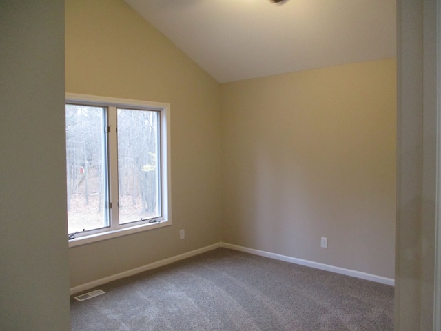 spare room featuring carpet floors and vaulted ceiling