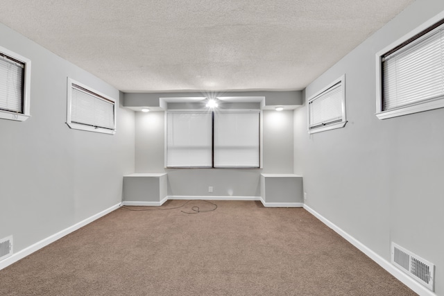 spare room featuring carpet flooring and a textured ceiling