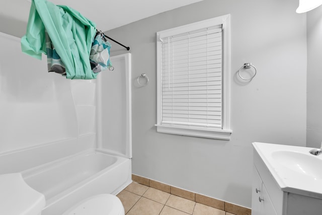 full bathroom featuring toilet, shower / bathing tub combination, vanity, and tile patterned floors