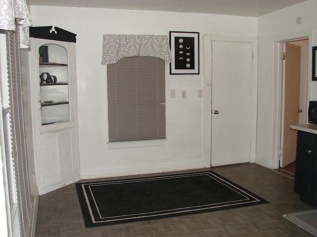 interior space featuring dark parquet flooring