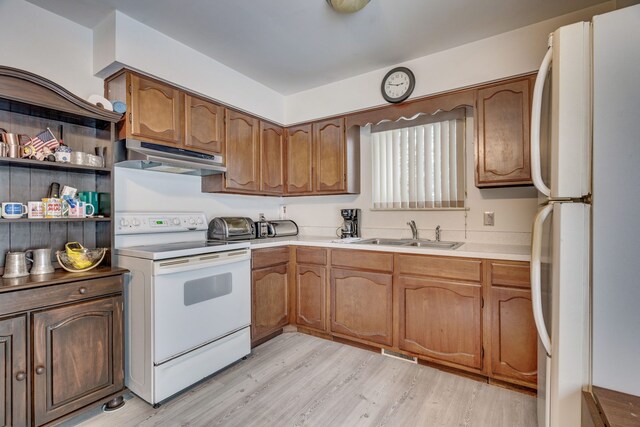 kitchen featuring sink, light hardwood / wood-style floors, and white appliances