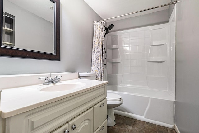 bathroom featuring toilet, shower / bath combination with curtain, and vanity