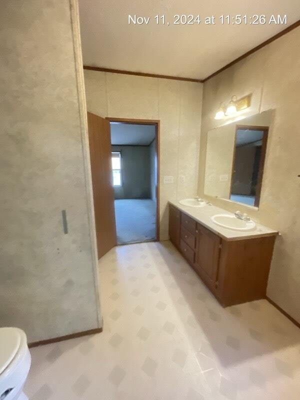 bathroom featuring vanity, toilet, and crown molding