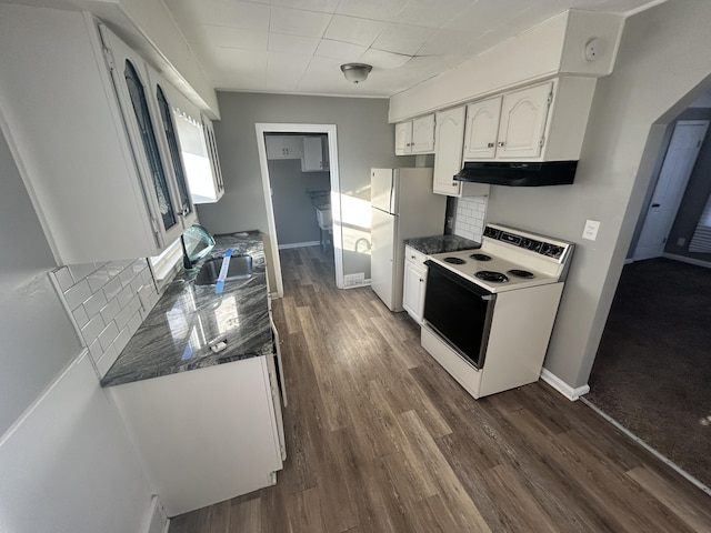 kitchen with sink, white appliances, dark hardwood / wood-style floors, and white cabinets