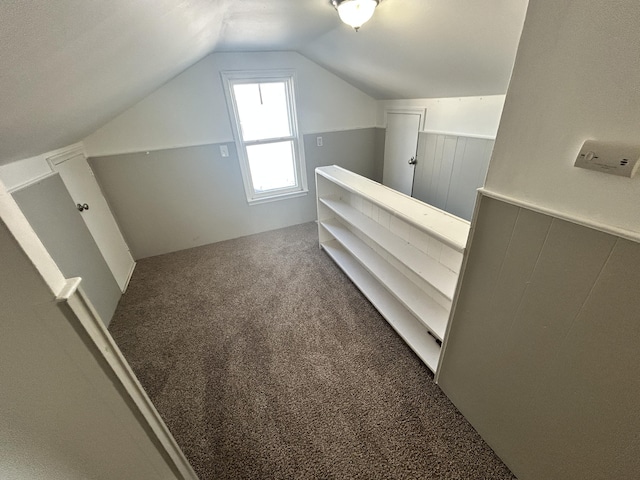 additional living space featuring vaulted ceiling and carpet floors