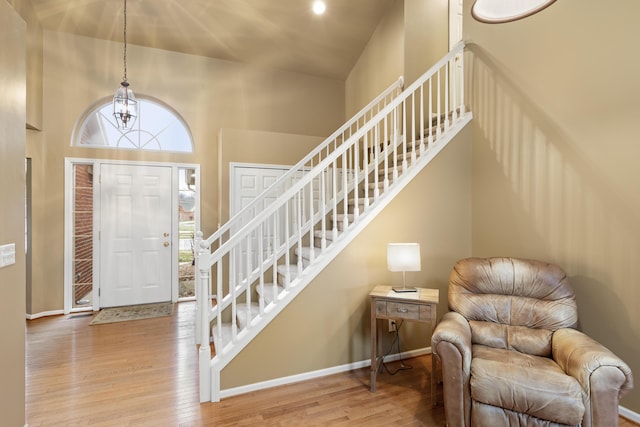 foyer entrance featuring wood-type flooring, a healthy amount of sunlight, and a high ceiling