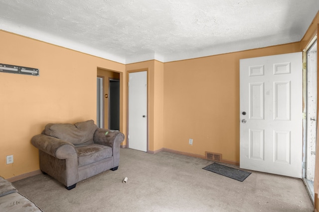 living area featuring light carpet and a textured ceiling