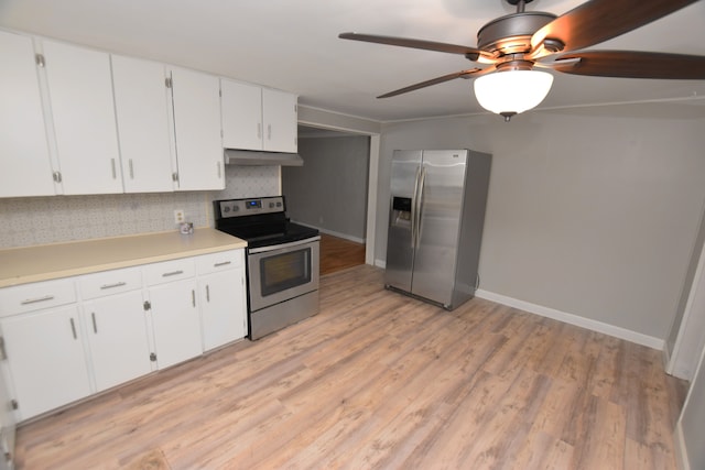 kitchen featuring tasteful backsplash, stainless steel appliances, ceiling fan, light hardwood / wood-style flooring, and white cabinetry