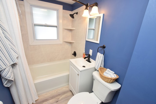 full bathroom featuring hardwood / wood-style flooring, vanity, toilet, and shower / bathtub combination with curtain